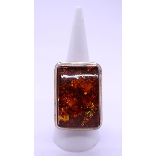 97 - Large silver & amber ring - Size N