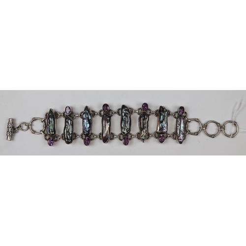 98 - Silver abalone & amethyst set bracelet