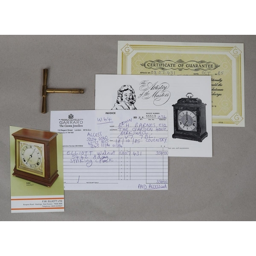 152 - F.W Elliott walnut 5462 8 day striking clock made for Garrard with paperwork & original receipt