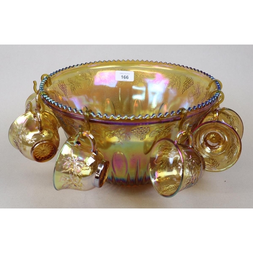 166 - Carnival glass punch bowl and cups