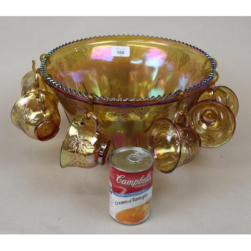 166 - Carnival glass punch bowl and cups