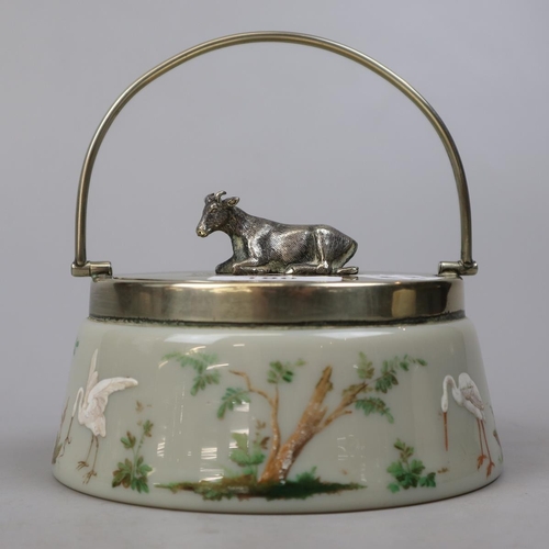 180 - Vintage Butter dish - Hand painted milk glass with enamel paint and white metal lid with cow figurin... 