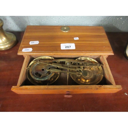 207 - Vintage brass scales in wooden box, with brass and enamel weights, plus enamel kitchen scales