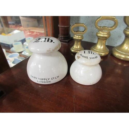 207 - Vintage brass scales in wooden box, with brass and enamel weights, plus enamel kitchen scales