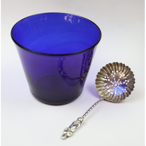 28 - Hallmarked silver pierced sugar bowl with blue glass liner together with spoon - Approx weight 87g