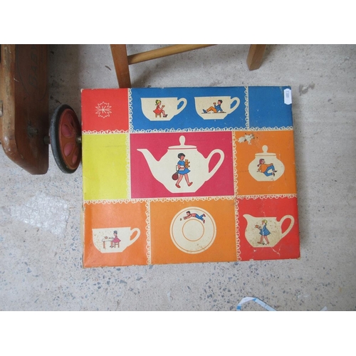 432 - Dolls high chair and child training walker together with teaset