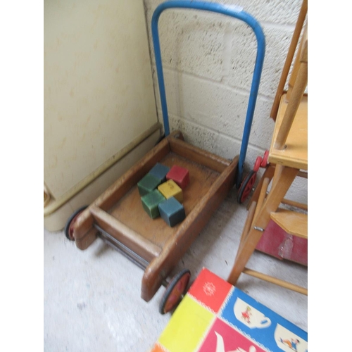 432 - Dolls high chair and child training walker together with teaset