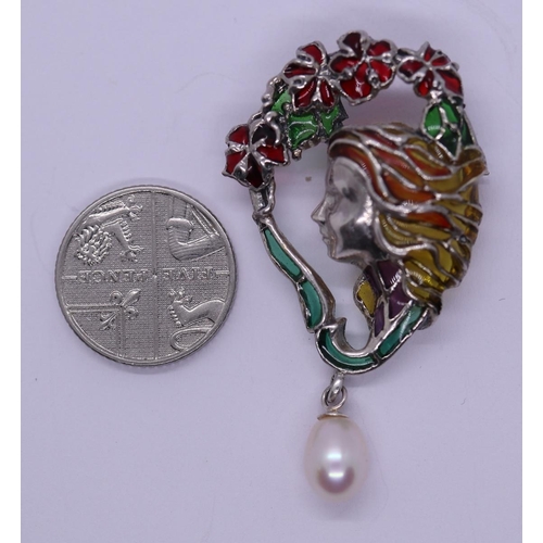 51 - Silver & enamel pearl drop brooch