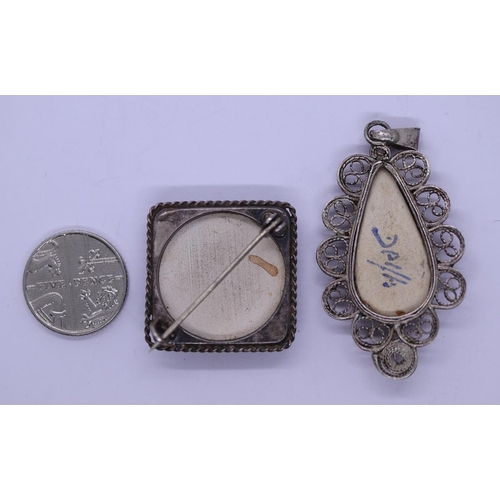 67 - Silver delft pendent & brooch