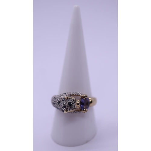 86 - 9ct gold amethyst, diamond and sapphire set ring in the form of a cat - Size R