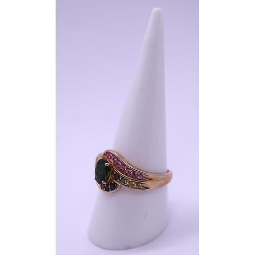 87 - 9ct gold multi coloured stone set ring - Size R