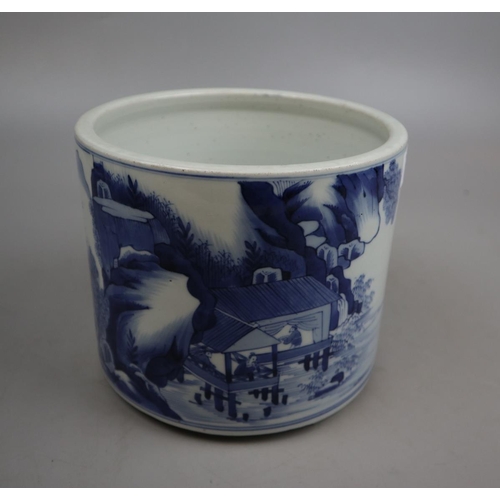 197 - Large Chinese blue & white scenic brush pot on three lug feet - H: 17cm x W: 20cm.