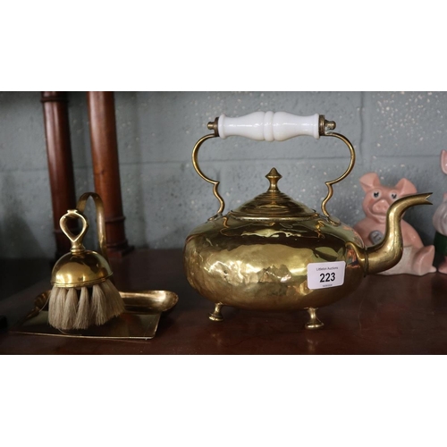 223 - Brass teapot together with crumb brush