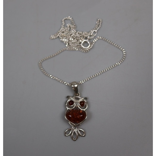 24 - Silver and amber owl pendant on chain