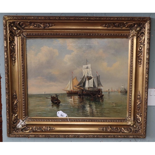 307 - Oil on canvas by J Petersen - Harbour scene - Approx image size: 49cm x 38cm