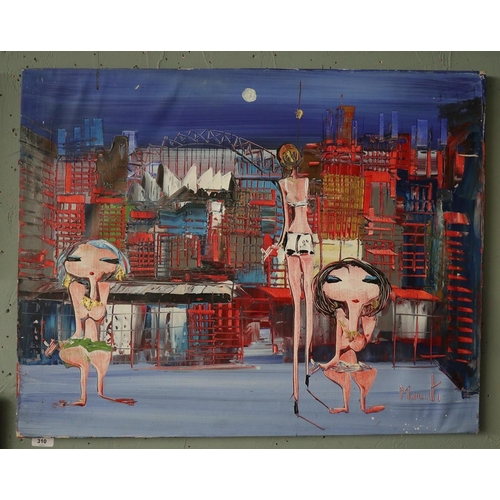 310 - Characters on rooftop - Oil on canvas with indistinct signature - Approx image size: 81cm x 64cm