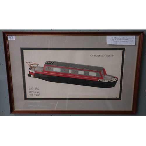 311 - Framed watercolour of a narrow boat signed K Moseley 78 - Approx image size: 52cm x 27cm