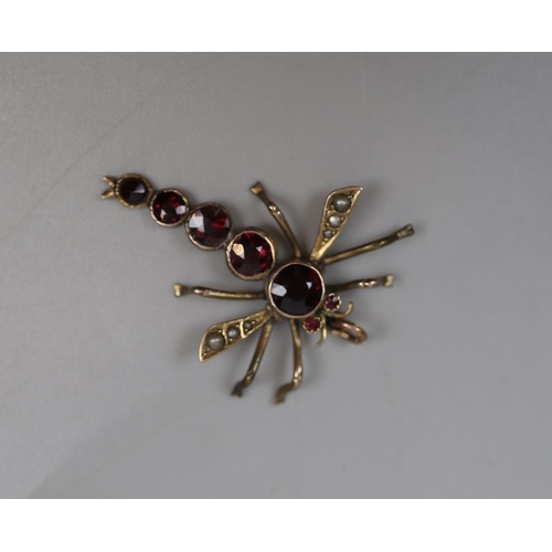 36 - Fine 9ct gold garnet and pearl set dragonfly pendant