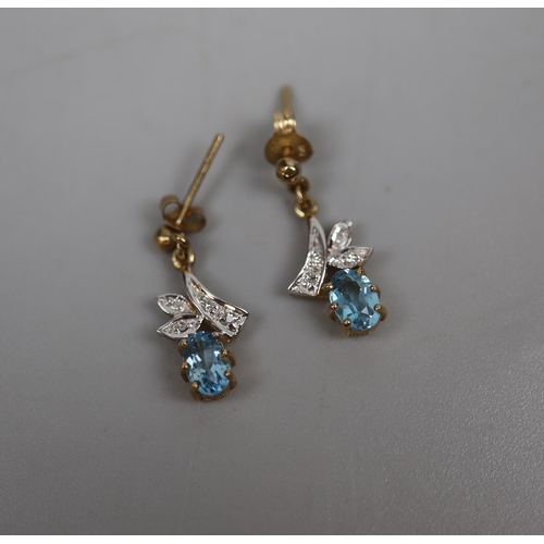 40 - Pair of 9ct gold blue topaz and diamond drop earrings