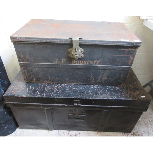 450 - 2 black enamelled metal trunks