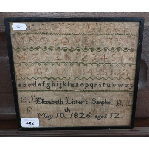 482 - Small 1826 Regency sampler by Elizabeth Lister aged 12 - Approx image size: 23cm x 22cm