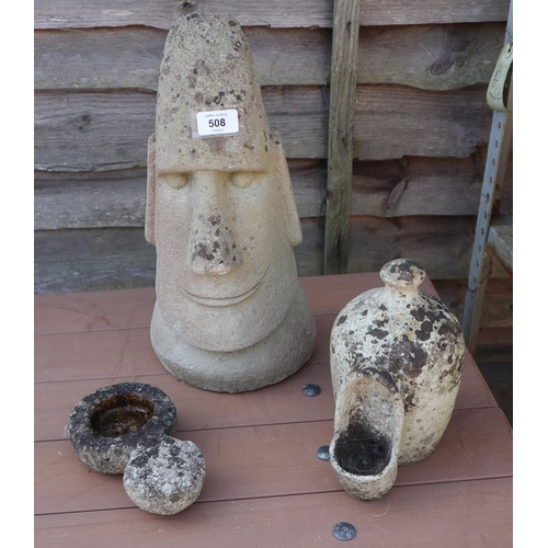 508 - Reconstituted stone Easter Island head etc - Approx height of head: 38cm