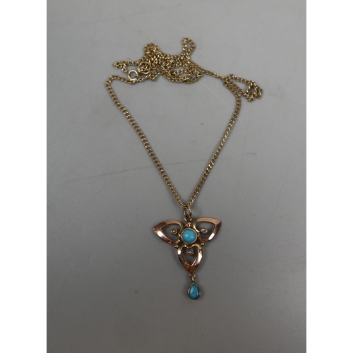 61 - 9ct gold pendent set with turquoise & seed pearls - Approx weight 4g