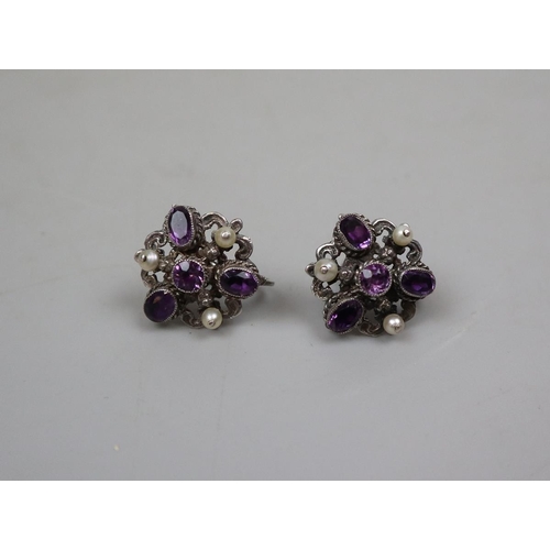 63 - Pair of silver earrings set with amethyst & seed pearls