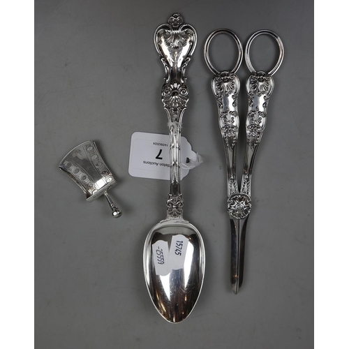 7 - Silver spoon, silver caddy spoon & silverplate grape scissors - Weight of silver approx 70g