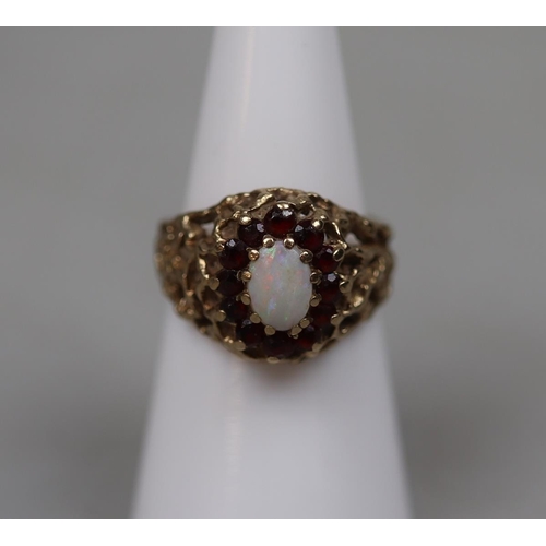 73 - 9ct gold opal and ruby set ring - Size M