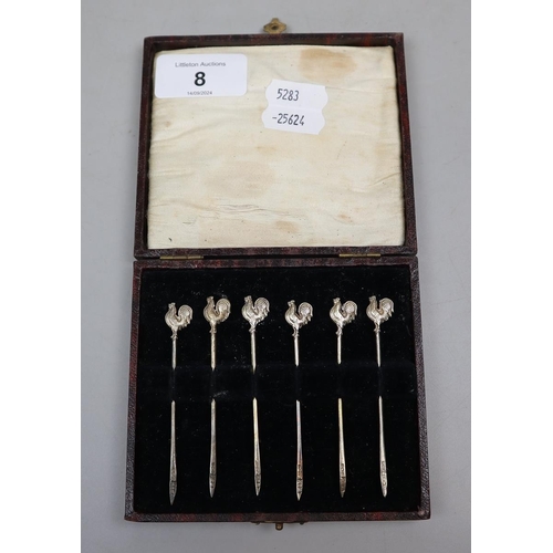 8 - Set of 6 Sterling Silver cocktail sticks in original leather & velvet box - Walker & Hall Bi... 