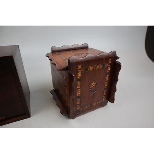 161 - Inlaid magic wooden box together with a slide up fronted box