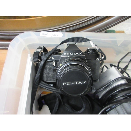 350 - Collection of cameras to include Pentax MV1, Folding Brownie, Nikon lens etc