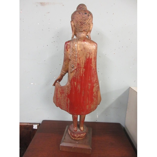 392 - Late 19thC. Burmese standing Buddha, with 'thayo' work to the carved teak - Approx height: 61cm