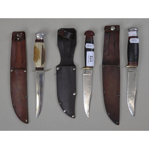 172 - 3 hunting knives in sheaths - 2 William Rodgers 1 Taylor of Sheffield