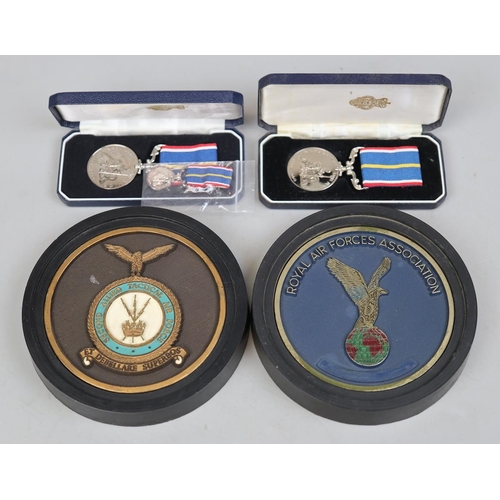 25 - 2 boxed National Service medals plus smaller version and Royal Air Force plaques