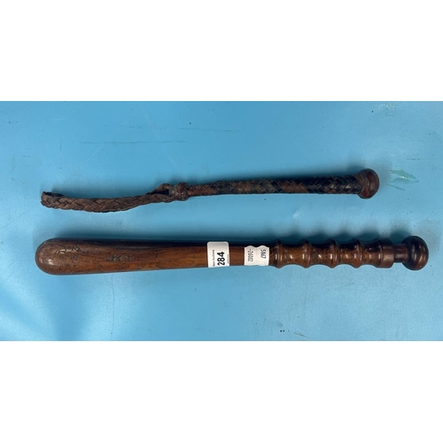 284 - Wooden truncheon together with a kosh