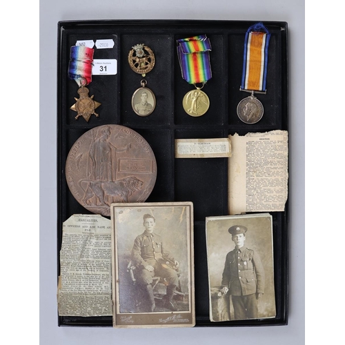 31 - WW1 medals, plaque, Death Penny, photographs and newspaper clippings pertaining to PTE Alfred Bulliv... 