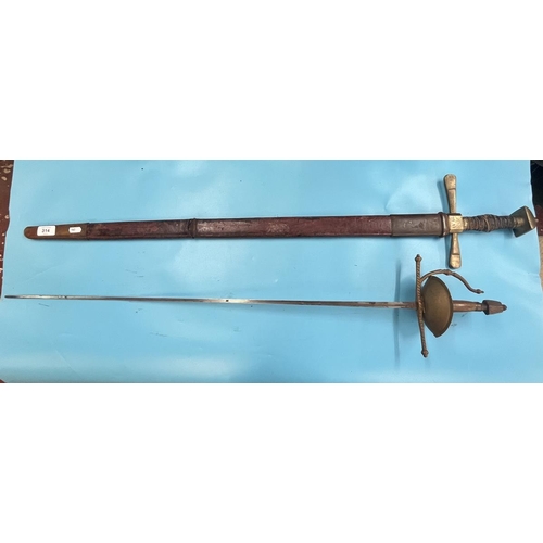 314 - Rapier together with early brass handled sword in sheath