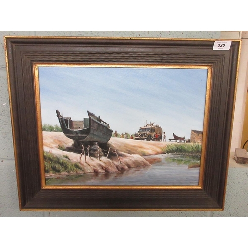 320 - Framed oil on canvas - 'Dry Dock' signed by the artist J H L Beattie showing a British patrol in Ira... 