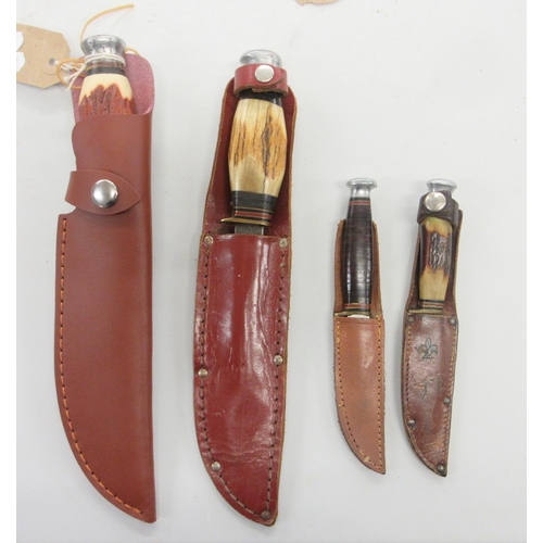 354 - 4 Sheffield made hunting sheath knives, including 'Original Bowie', Nowill & Co, and others