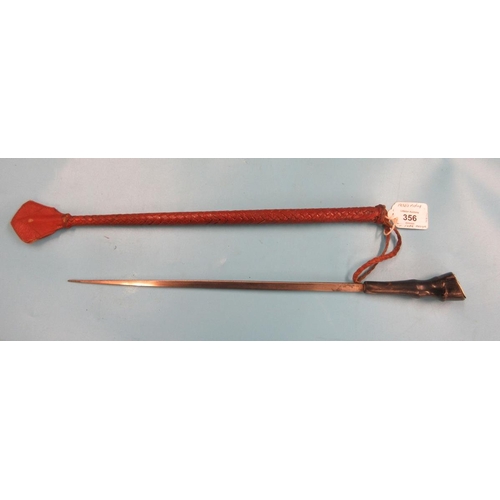 356 - 1920-30 Riding crop swordstick with plaited leather sheath and 'hoof' design carved horn handle