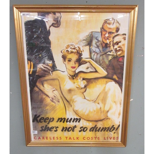 387 - WW2 framed poster - Careless talk costs lives - approx 58cm x 76cm