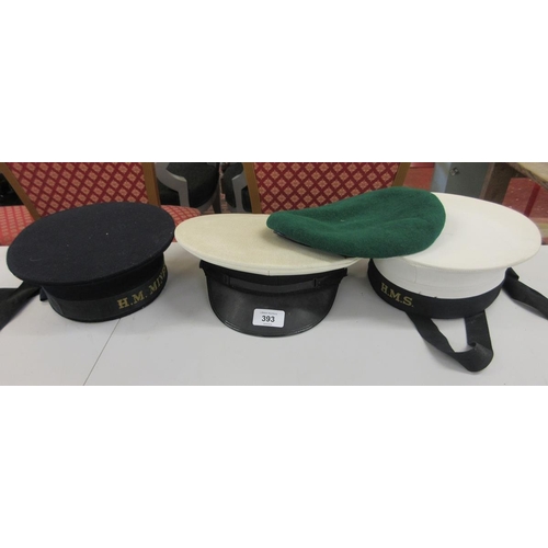 393 - HMS naval ratings 'pork-pie' cap and Minesweeper cap and tallies, plus naval peak cap and green bere... 