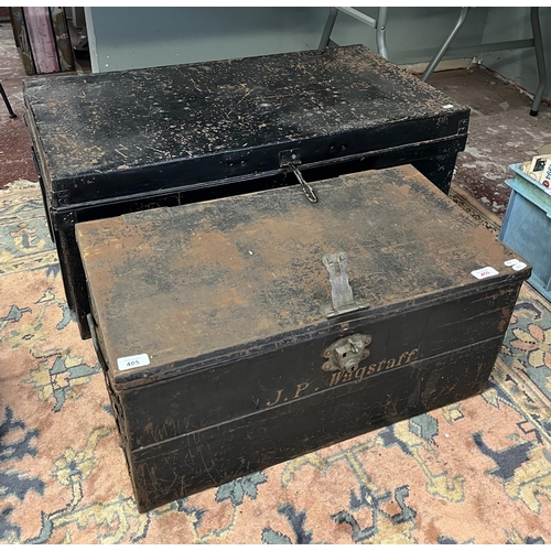 405 - 2 black enamelled metal trunks