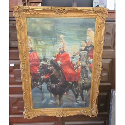 411 - Large oil painting of the Life Guards in gilt frame by Eric Mason (1921-1986) - Approx image size 60... 