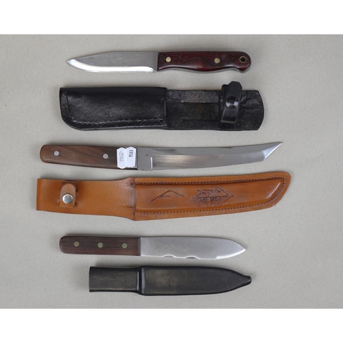 86 - 3 sheath knives including a Japanese Tanto with scene of Mount Fuji and a Nowills of Sheffield knife... 