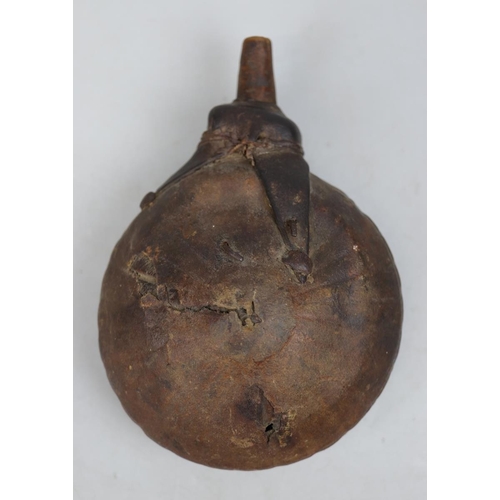 125 - Unusual antique leather powder flask