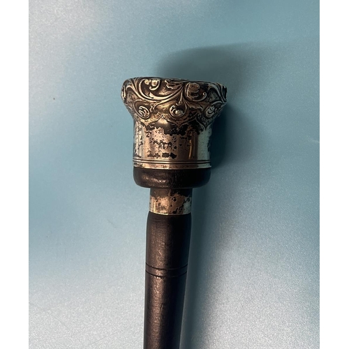 223 - Hallmarked silver handled ebonised cane swordstick, with hexagonal steel blade, and handle engraved ... 