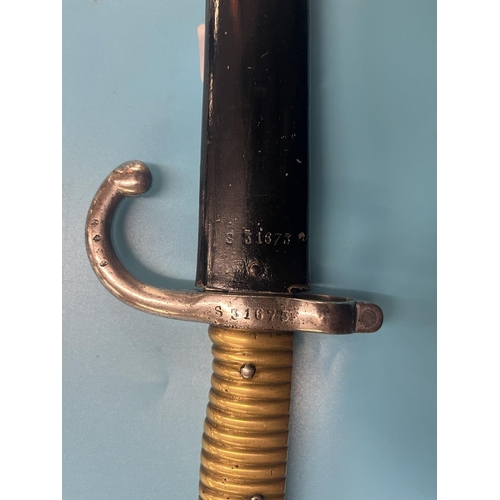 243 - French, possibly naval officer's yatagan Chassepot sword bayonet. Scabbard and blade with matching s... 